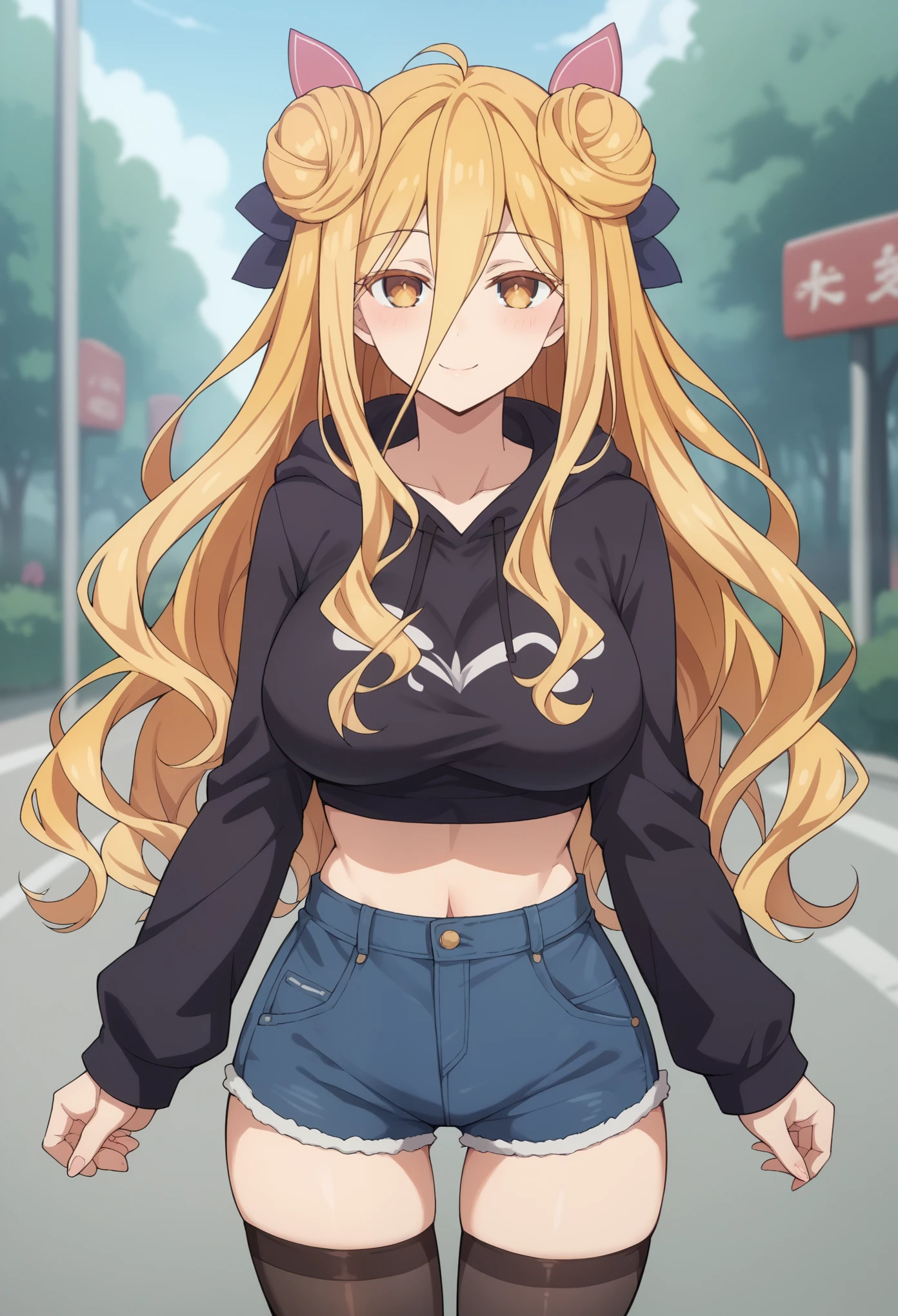 Score_9, Score_8_up, Score_7_up, ASCII masterpiece, source_anime, BREAK, 1girl, solo, mukurohoshimiya, mukurohoshimiya, bangs, blunt bangs, hime cut, medium hair , loose hair, blonde hair, yellow eyes, double bun, blush, ((slim waist, wide hips, beautiful skin, beautiful eyes, big breasts, attractive woman, super sexy woman, lustful body, sexy woman with seductive obscene body, body sensual, voluptuous body, sexy beauty,)), sexy denim shorts Thigh high stockings, black hoodie, standing, blushing, seductive smile, street background, sexy pose,