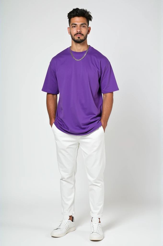 A men wearing offshoulder voilets color tshirt and white pan and white shoes and silver chain on neck