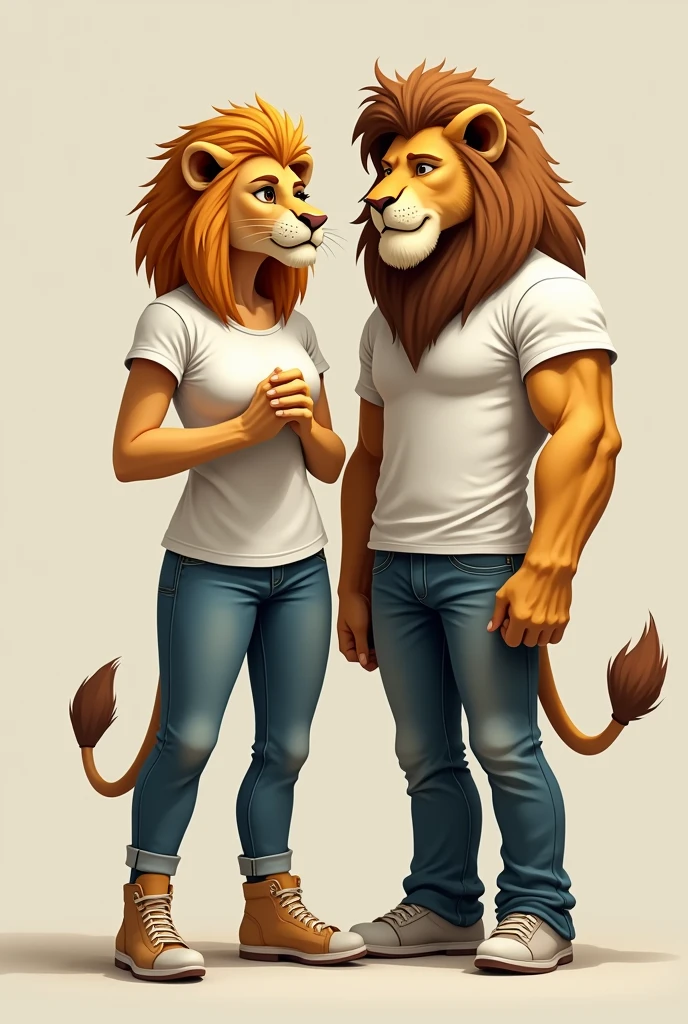 A female lion with a white t-shirt and jeans and a lion with a white t-shirt and jeans