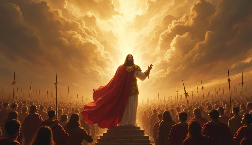 Image representing an imposing and magnificent bold Christian, create an outfit for a bold Christian from the Temple of Christian Oneness. Create a conceptual image of Jesus Christ coming in his glory and gathering his chosen ones into his heavenly army in the battle of the last day. With a billion people following Jesus.