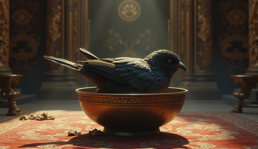 In the palace of an old king, there is an overturned metal bowl on a table, and under this overturned metal bowl, a beautiful bird is caught and captured, and only the bird&#39;s wing is left out from under the bowl, and the chicken itself is not known, only the chicken&#39;s wing is known. The overturned metal bowl, the bowl is on its back, and ancient symbols can be seen on the bowl 