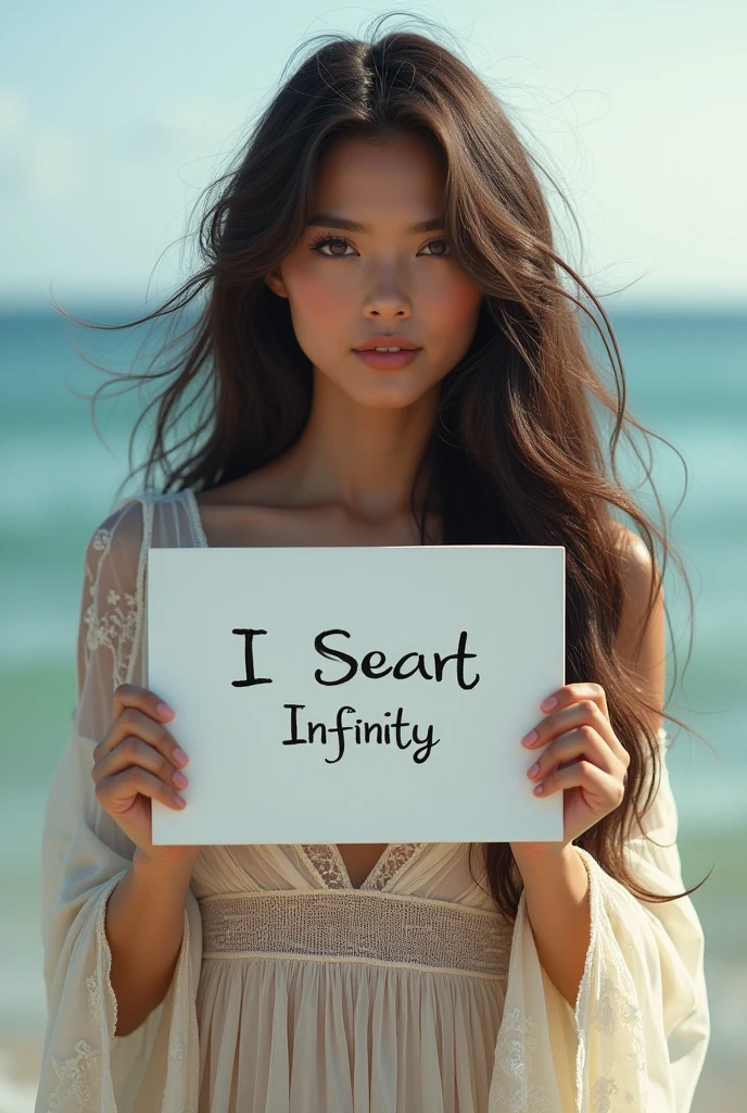 Beautiful girl with wavy long hair, bohemian dress, holding a white board with text "I Love Seaart Infinity" and showing it to the viewer