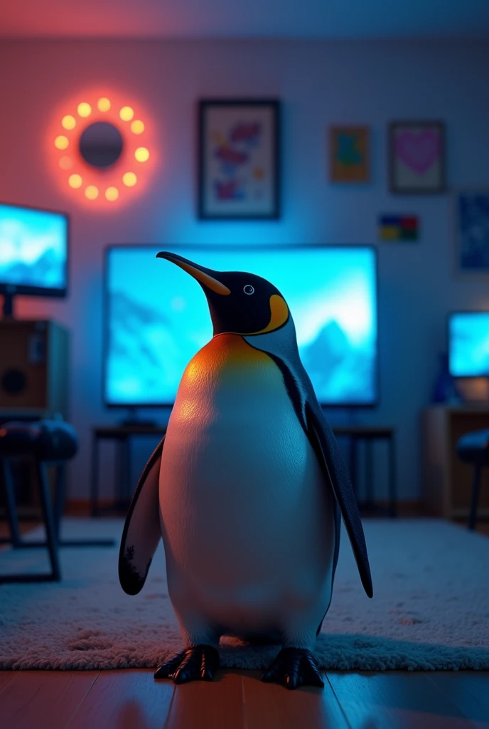 A penguin has a very wide angle of view in a dimly lit gaming room