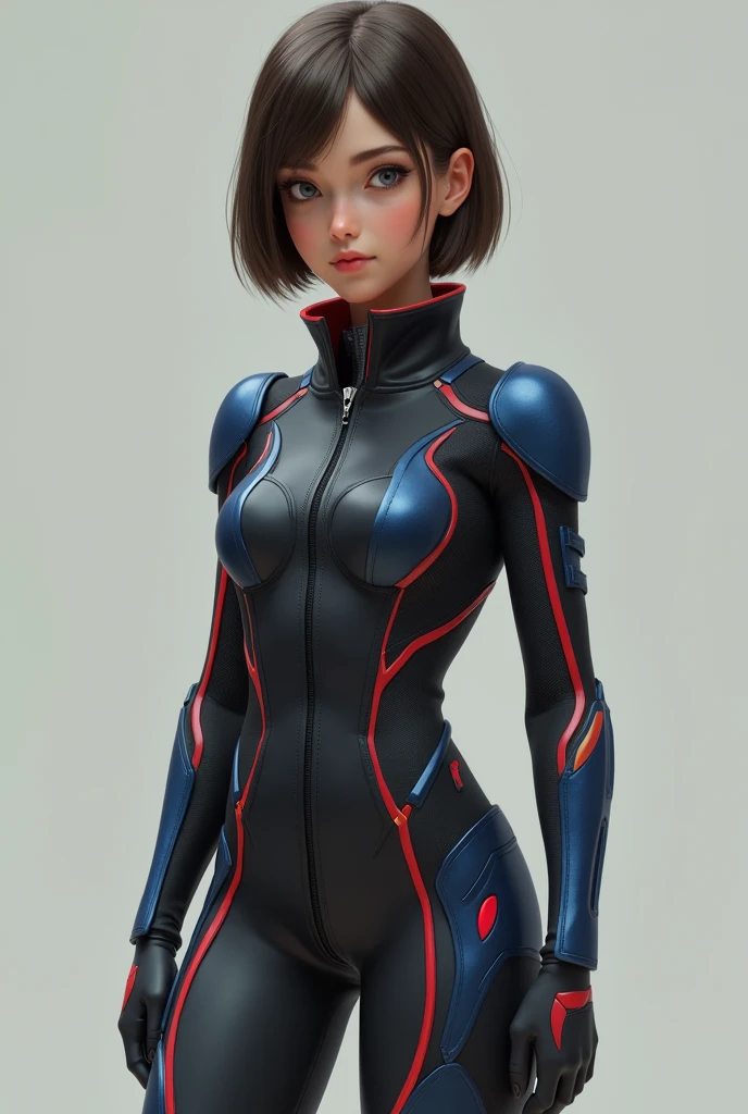 Young girl with short straight brown hair in a mullet style, slim and small breasts, with tight-fitting suit with long sleeves and a high collar and blue rubber with red side lines throughout the suit, that run from the legs to the sleeves and from the collarbone area to the chest, red in color