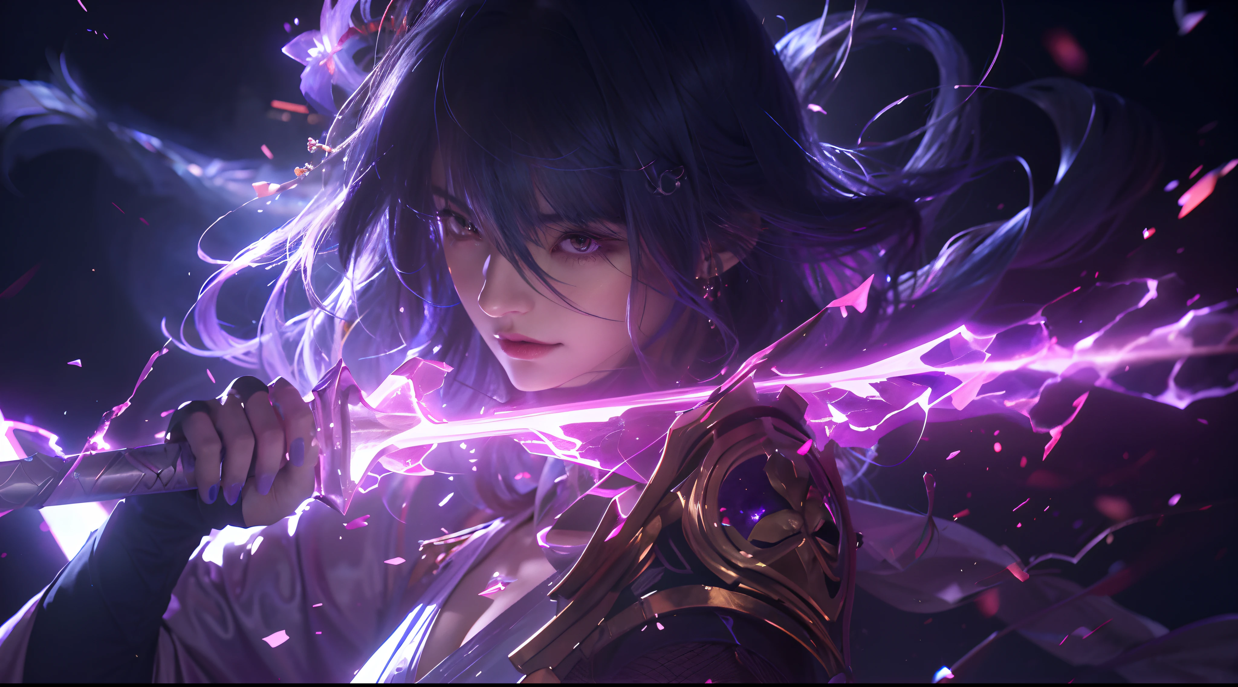 anime girl with sword and purple light in her hand, portrait knights of the zodiac girl, extremely detailed artgerm, 由杨J, detailed anime digital art, artgerm detailed, astri lohne, cushart krenz arte chave feminino, Impacto de Ayaka Genshin, black hair wizard, artgerm. anime illustration, trending artgerm