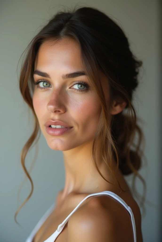 
brunette woman from front looking in front hair tied behind