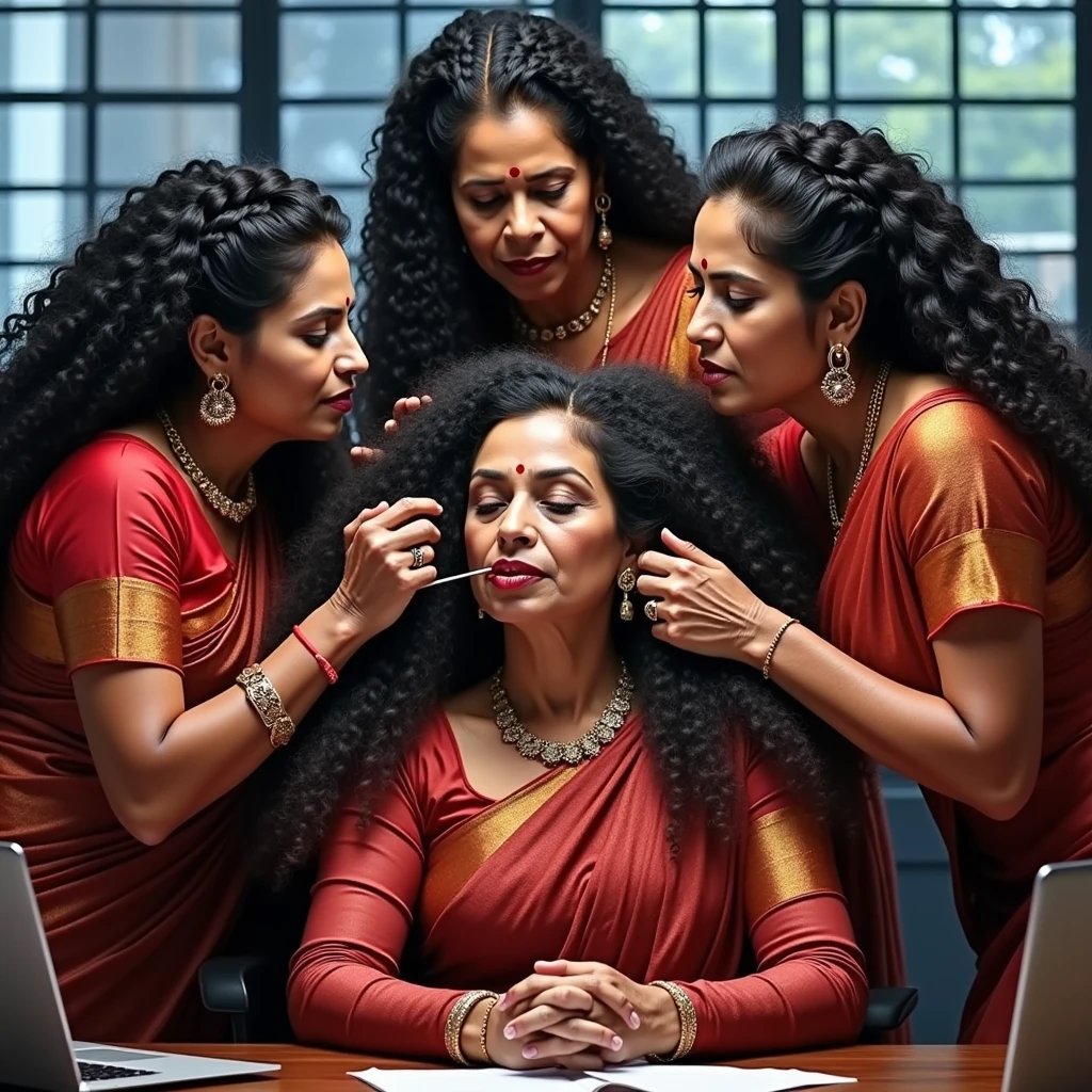 in luxerius office items sorrounded bright lighted modern indian office,three 65 years old indian ladies licking head scalps of each others,red lipsstick,tone pulled out,licking scalp,cornrowed braided hair,styled with 100000 liters hair oil,hairs like viscus oiled pulp,slick combed hair lines highly visible,{{{{{{NSFW}}}}},{{{{{Nudity}}}}},{{{{{{{{{{{Full Nude}}}}}}}}}}}}}}}}