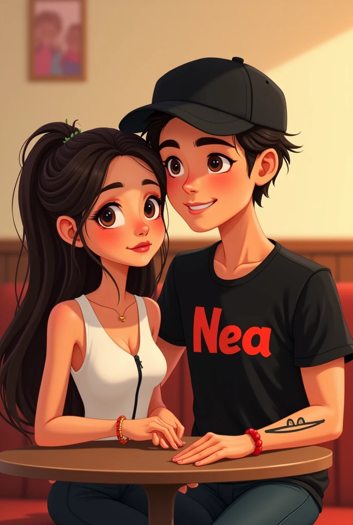 A Disney or Pixar Couple Description of the Bride:The woman is wearing a white tank top with a black zipper and her hair is down and it is black without any accessories in her hair and she is on the right side they are both sitting and looking forward The man is wearing a t-shirt black with letters that say Nea and they are red,and a black cap and has a tattoo on his arm of two black lines and the groom has a red bracelet,In the middle of the two bride and groom there is a table