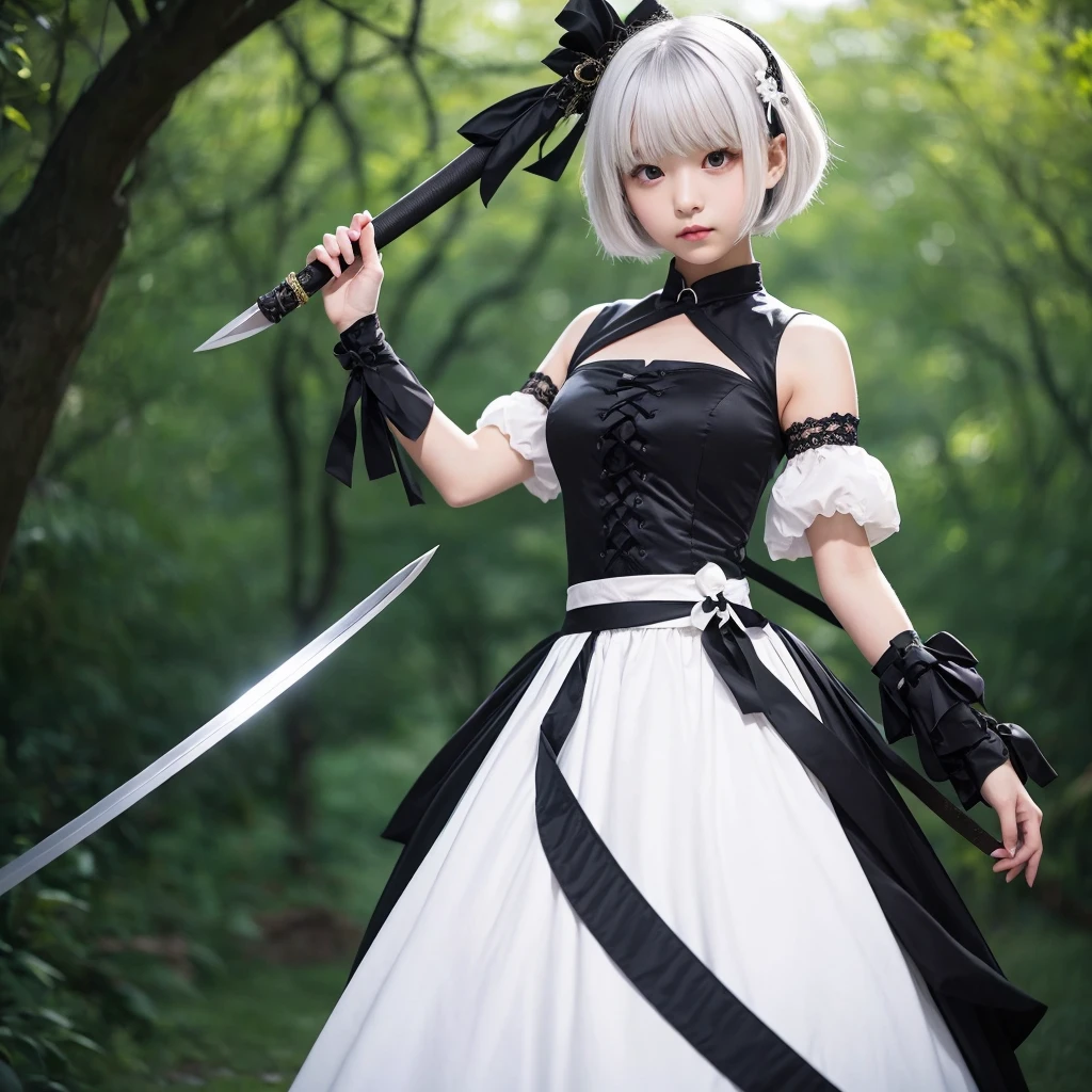 ((Konpaku Yomu)), ((Touhou Project)), Cosplay, ((White hair)), ((Short bob hair)), ((Black ribbon)), ((White camisole)), (((Dark green skirt)), Middle breast, (Light clothing)))), (Pause))), (Smile))), (Japanese-style room))), Slim body, Slim girl model, 18-year-old female model, ((Japan sword)))