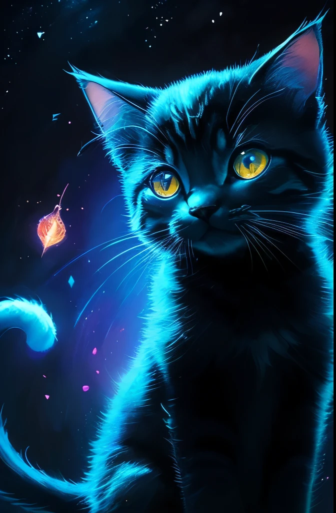 a painting of a colorful kitten on a black background,, breathtaking rendering, within a radiant connection, inspired by Kinuko Y. Craft,, magical elements, kitten icon, wow, is beautiful, casting a multi colorful spell, bright flash, flash