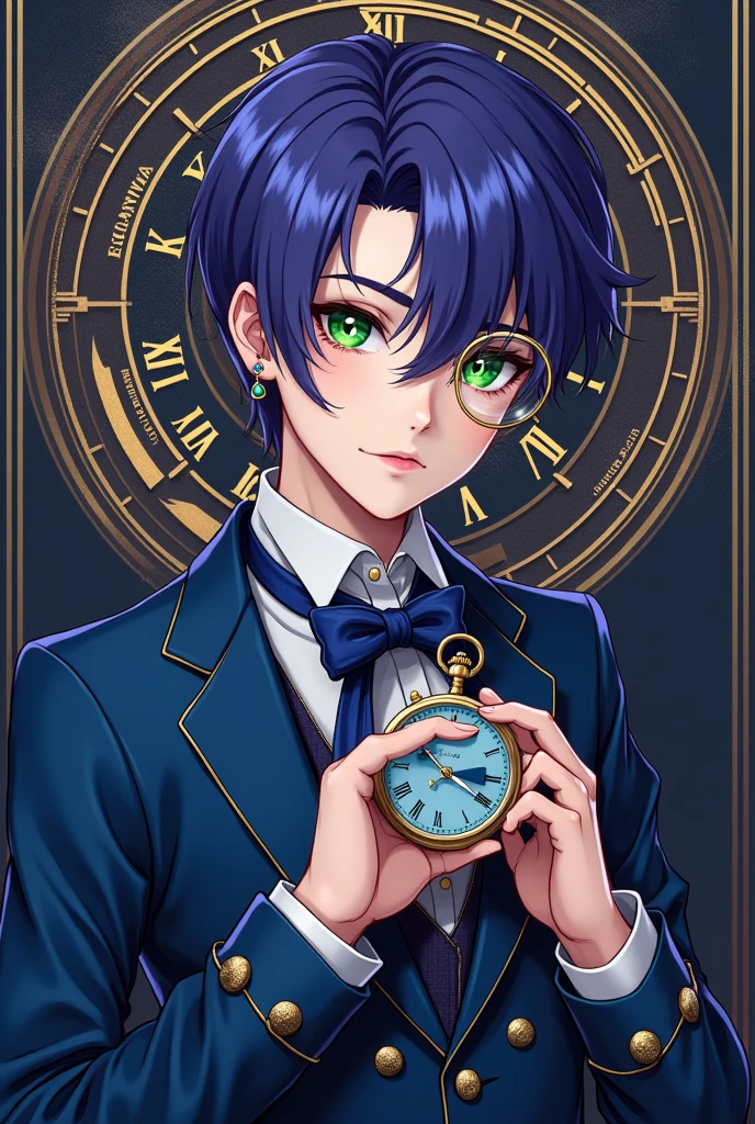 A young male Idol with neat and elegant purple-blue hair. Green eyes. Wearing a European-style performance Idol-outfit in blue and Amber , European suits combined with sexy Gothic and Baroque styles, stylized like a sexy unique fashion model, full of artistic personality. Wearing gold monocle quizzing-glass and holding a sapphire blue pocket watch. Earrings stylized to match the outfit.
On the background is the Deus ex Machina logo with the symbol of a time-traveling clock. The main color is #e8b923.