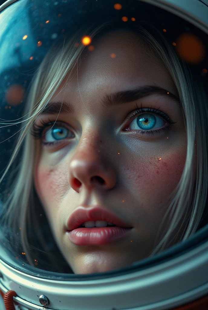 (Close-up of a better masterpiece:1.5)0.9], (Space and astronauts:1.2) (Messy silver hair:1.1) (Heterochromia xanthochromia and blue eyes:1.2) (Space Helmet:1.0) (Colored stars in the eyes:1.0) (A radiant glow:1.1) (thick lips:0.9)