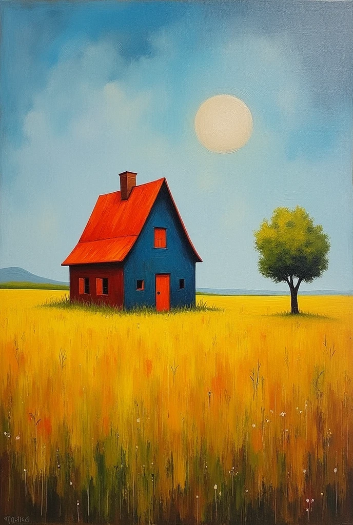 House in field, oil painting in style of Rufino Tamayo 