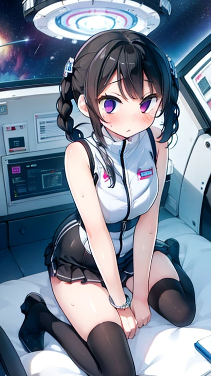 (Highest quality), (masterpiece), 1080P, High resolution, 4K, 8k, Inside the space station、Futuristic room、Thigh straps, Shooting from directly below, The woman on top of me, 白いSweat, Covered , Sweat, Woman looking down, Skirt swimsuit, Thigh-high socks, To achieve this, 16 years old, , whole body, Black leather shoes, Braided hair, Inner Color, Embarrassed face, Short black hair, bracelet, Bedroom,celestial body_Vest