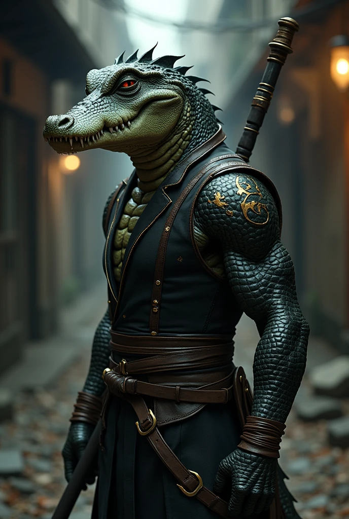 a clandestine kung fu fighting humanoid alligator, with a leather outfit and a staff on his back