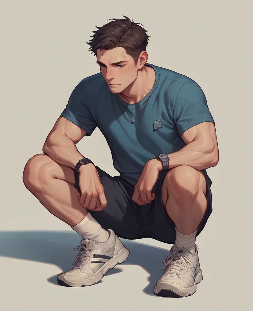 A man without a shirt is on his knees 