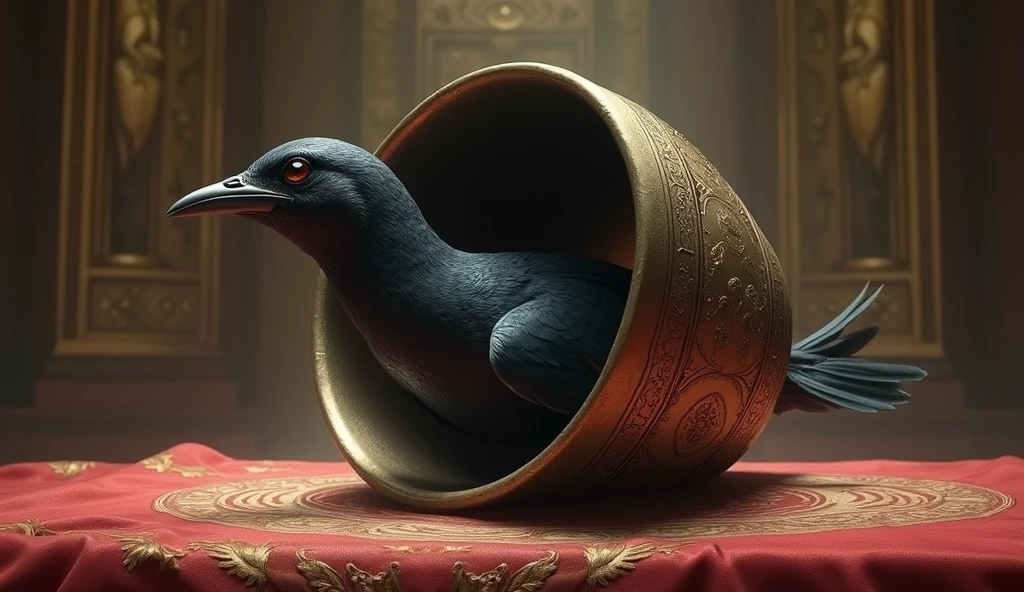 In the palace of an old king, there is an overturned metal bowl on a table, and under this overturned metal bowl, a beautiful bird is caught and captured, and only the bird's wing is left out from under the bowl, and the chicken itself is not known, only the chicken's wing is known. The overturned metal bowl, the bowl is on its back, and ancient symbols can be seen on the bowl