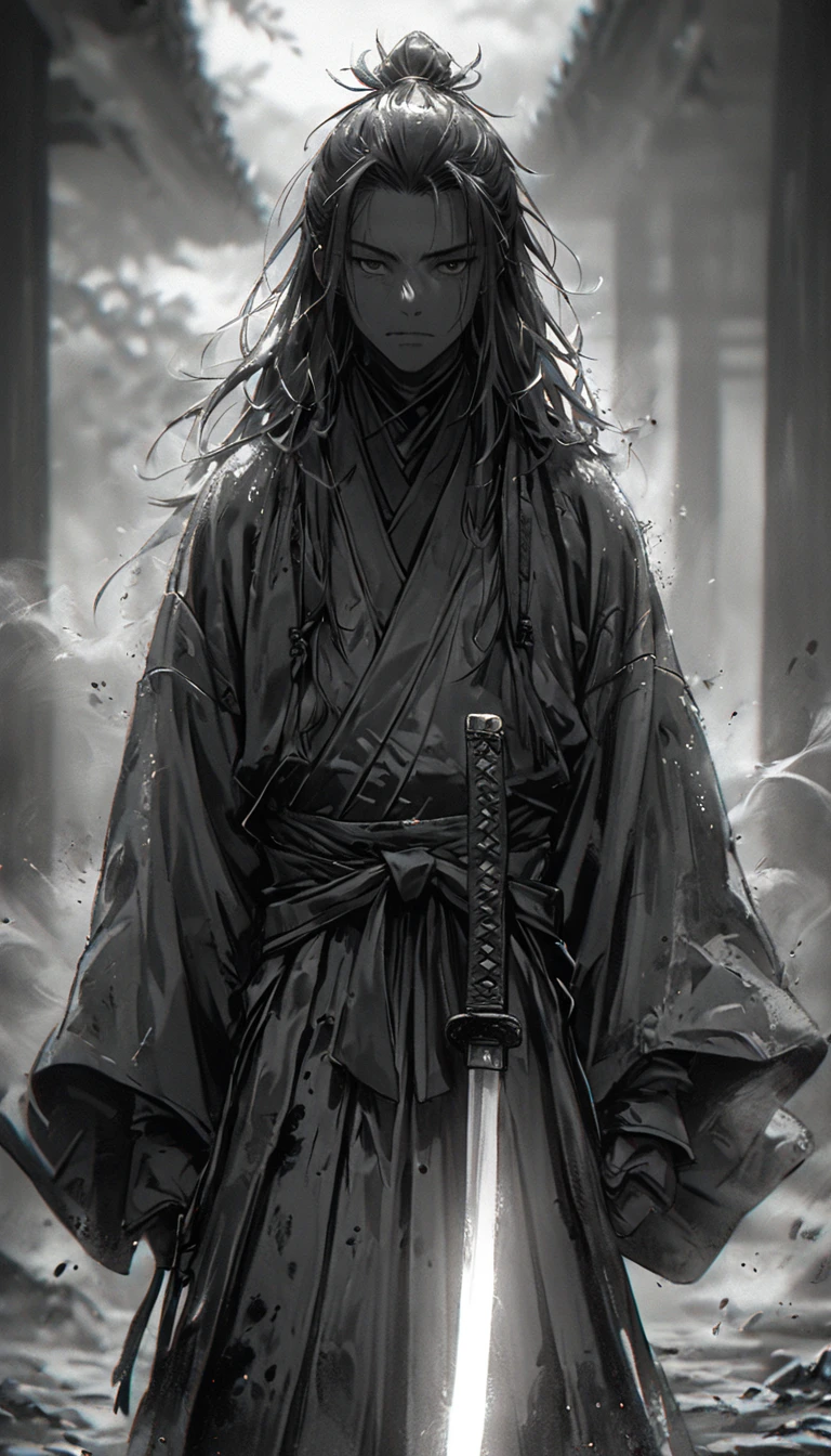 portrait, 1boy, solo, long hair, Japanese clothing, black clothing, samurai, (hakama), (holding weapon, katana), one sword, plain tree, sheath, shadow, ink painting, [[greyscale]], simple background, ((windy)), dust, [cowboy shot], walking toward viewer, POV, ((Akira Kurosawa film)), cinematic lighting, (masterpiece:1.2), best quality, DeepNegative_xl_v1
