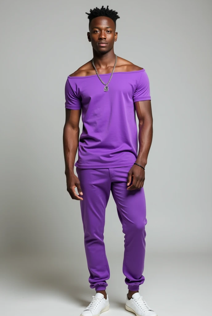 A men wearing offshoulder voilets color tshirt and nice pant and white shoes and silver chain on neck.