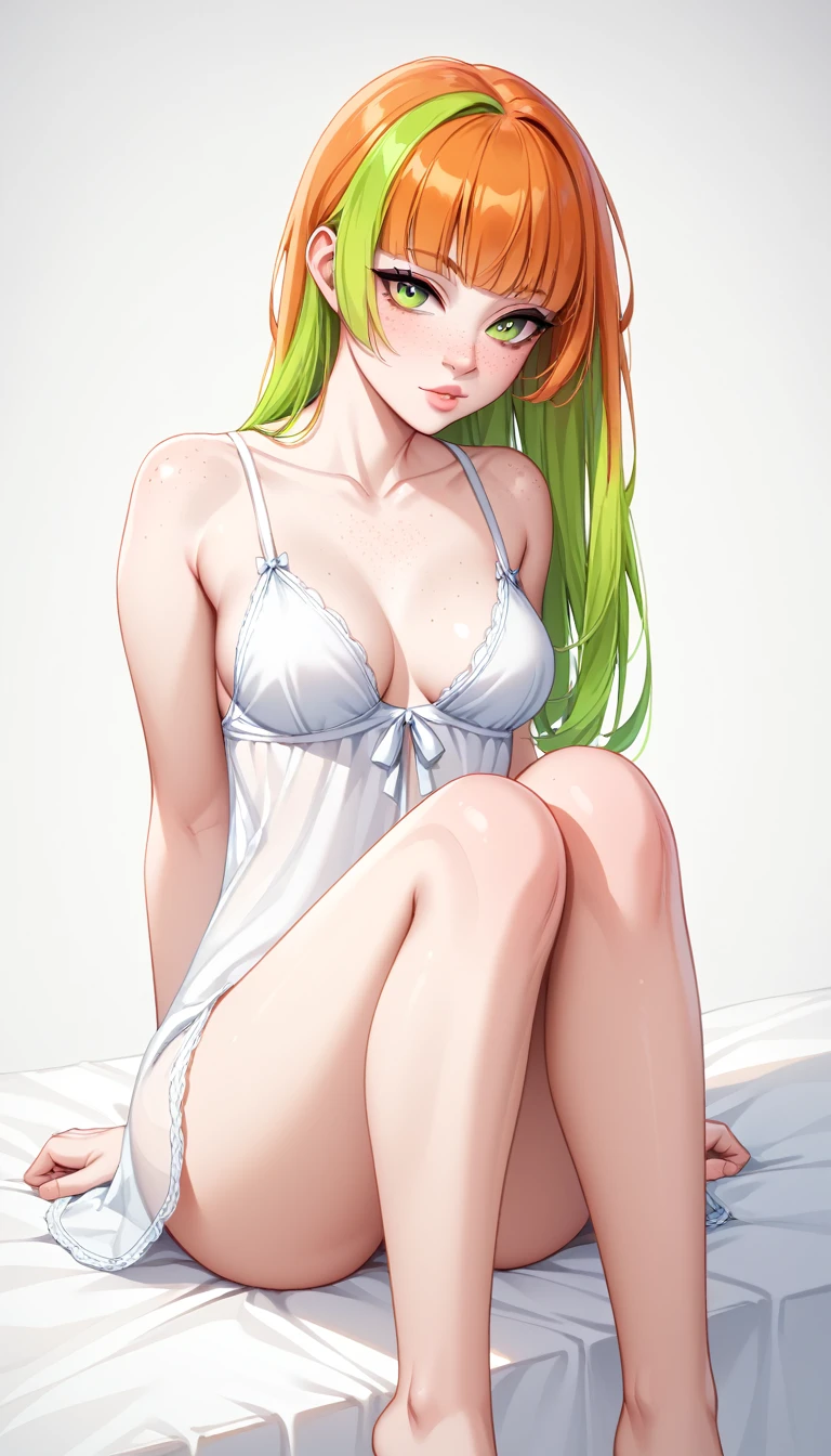 1 Girl, Medium Breasts, Half Orange Hair And Half Lime Green Hair, Split Hair Color, Two Hair Colors, Lime Green Eyes, Nice Eyes, Long Hair Style, Freckles, Nice Lips, Nice Nose, Pale White Skin, Smooth Skin, Uncaring, Sexy, Bitch, Nightgown, Sitting down, Knees up to her chest, head resting on knees
