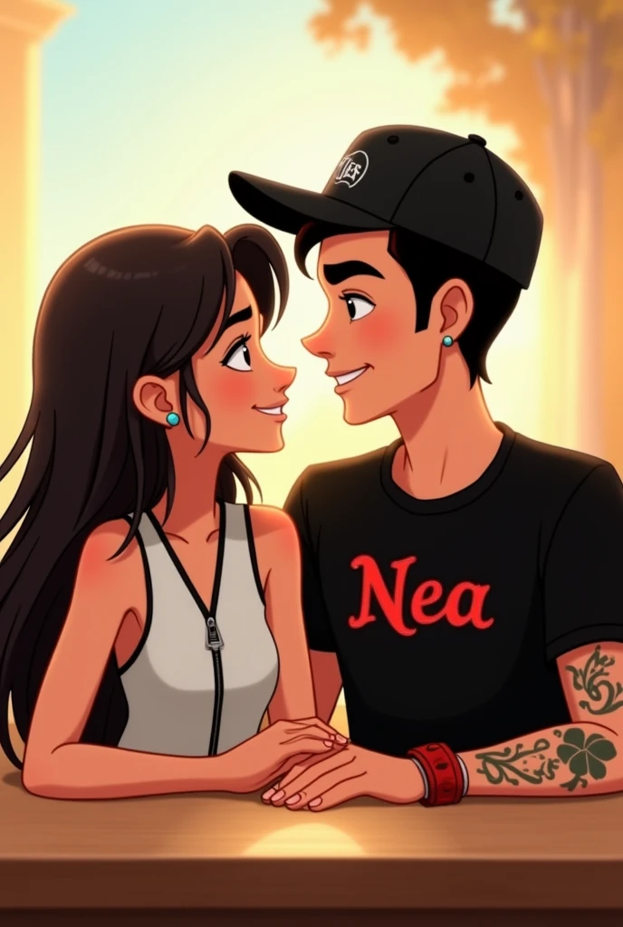 Una pareja de Disney o Pixar
Descripción de la novia:La mujer está usando una camiseta sin mangas blanca con un cierre negro y lleva el cabello suelto y es negro y está en el lado derecho los dos están sentados y están mirando para el frente
El hombre está usando una camiseta negra con unas letras que dice Nea y son rojas,y una gorra negra y lleva un tatuaje en el brazo de dos lineas negras y el novio tiene una pulsera roja,en mitad de los dos novios hay una mesa