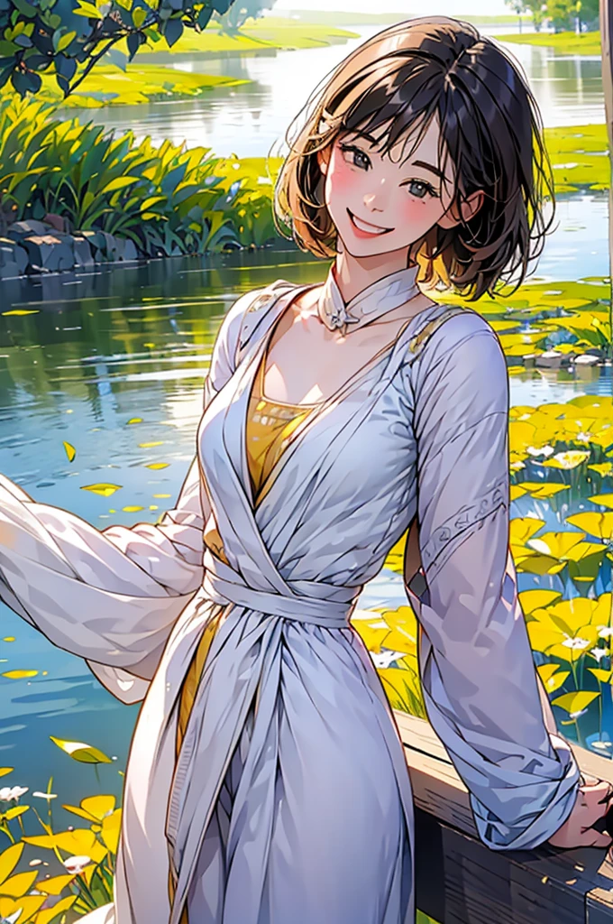 in 8K、top-quality、masterpiece:1.2)、One woman、(Smiling smile:1.1)、beautidful eyes、Valley、The upper part of the body、shorth hair、Like a boy、Colossal tits、Yellow View、