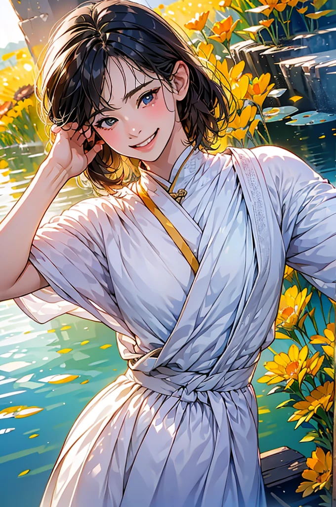 in 8K、top-quality、​masterpiece:1.2)、One woman、(Smiling smile:1.1)、beautidful eyes、Valley、The upper part of the body、shorth hair、Like a boy、Colossal tits、Yellow View、