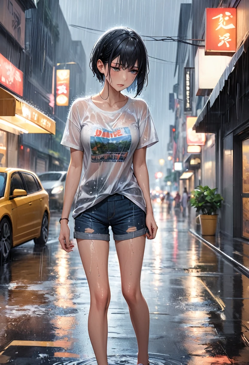 Photo, masterpiece, Best quality, wallpaper, 1 girl, Street, rain, Wet T-shirt, denim shorts, stockings, in the center of the frame, looks into the eyes.