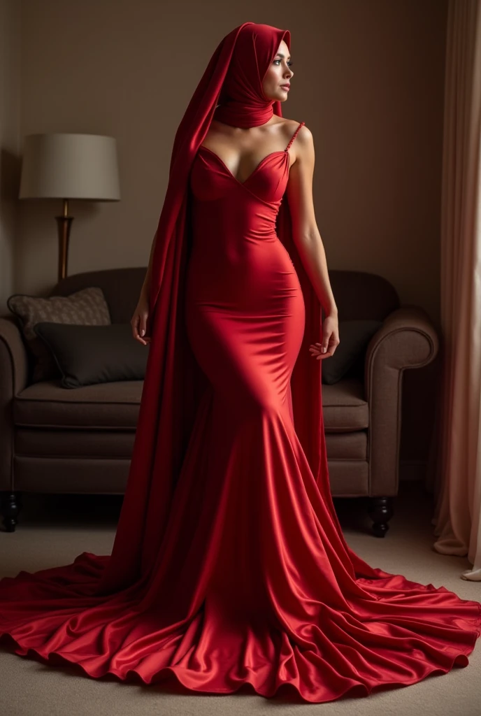 Captivating, elegant woman is engendered in a cascade of four-meter-long, ruby-red, plush satin fabric. The material clings tightly to her figure, spreading out into a pooled train at her feet, mimicking a mermaid's tail. A satin hijab cloaks her head, in bed room, revealing only a hint of her upper body. This full-body portrait radiates a mythical sophistication. Wrapped, eth