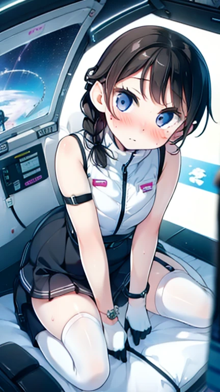 (Highest quality), (masterpiece), 1080P, High resolution, 4K, 8k, Inside the space station、Futuristic room、Thigh straps, Shooting from directly below, The woman on top of me, 白いSweat, Covered , Sweat, Woman looking down, Skirt swimsuit, Thigh-high socks, To achieve this, 16 years old, , whole body, Black leather shoes, Braided hair, Inner Color, Embarrassed face, Short black hair, bracelet, Bedroom,celestial body_Vest