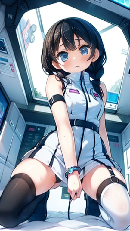 (Highest quality), (masterpiece), 1080P, High resolution, 4K, 8k, Inside the space station、Futuristic room、Thigh straps, Shooting from directly below, The woman on top of me, 白いSweat, Covered , Sweat, Woman looking down, Skirt swimsuit, Thigh-high socks, To achieve this, , , whole body, Black leather shoes, Braided hair, Inner Color, Embarrassed face, Short black hair, bracelet, Bedroom,celestial body_Vest