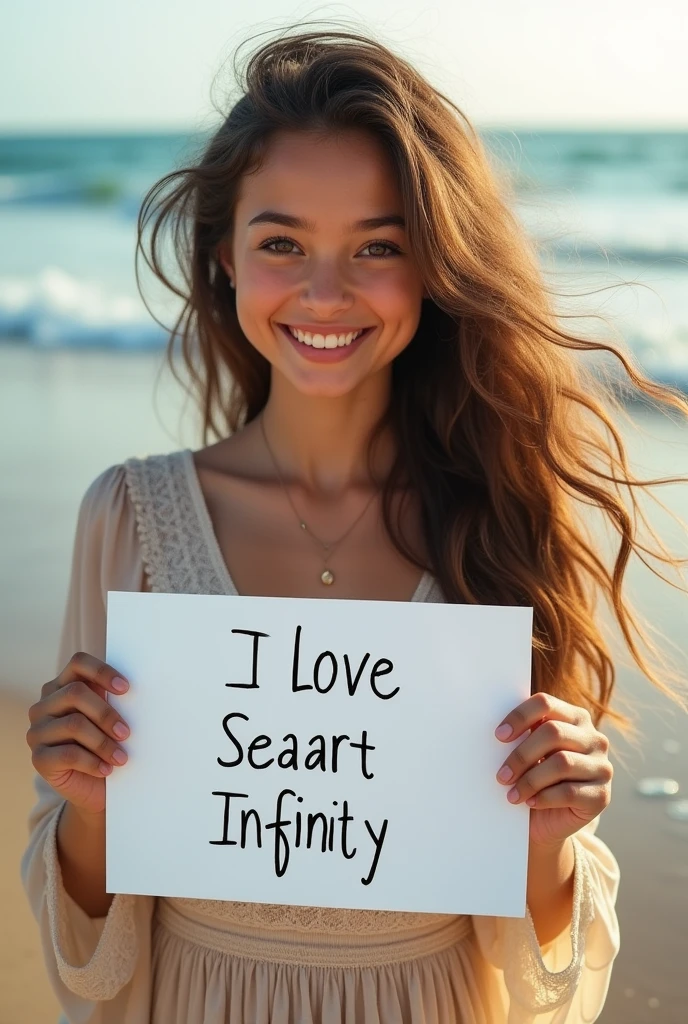 Beautiful girl with wavy long hair, bohemian dress, holding a white board with text "I Love Seaart Infinity" and showing it to the viewer
