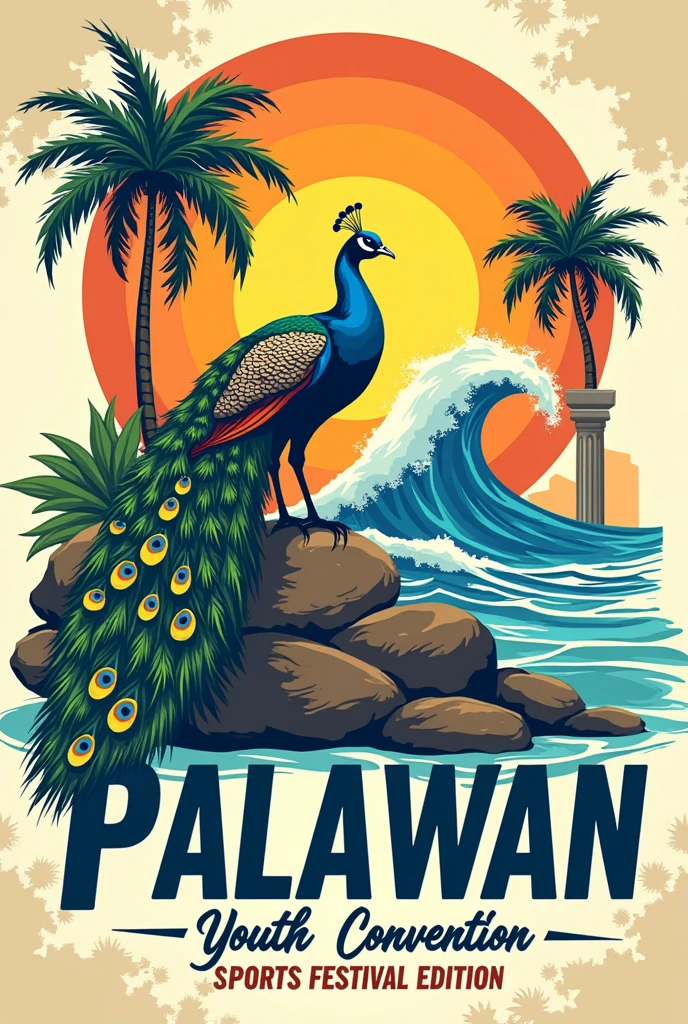 Poster for sports fest with small four sun rays, peacock and coconut tree, small ocean wave, palawan map and one corinthian column for sports as an outline or border. The overall design should be sporty theme with 3 circles in the middle for designated logo.
With large texts in the middle that read PALAWAN DIVISION YOUTH CONVENTION—SPORTS FESTIVAL EDITION
August 25-26, 2024