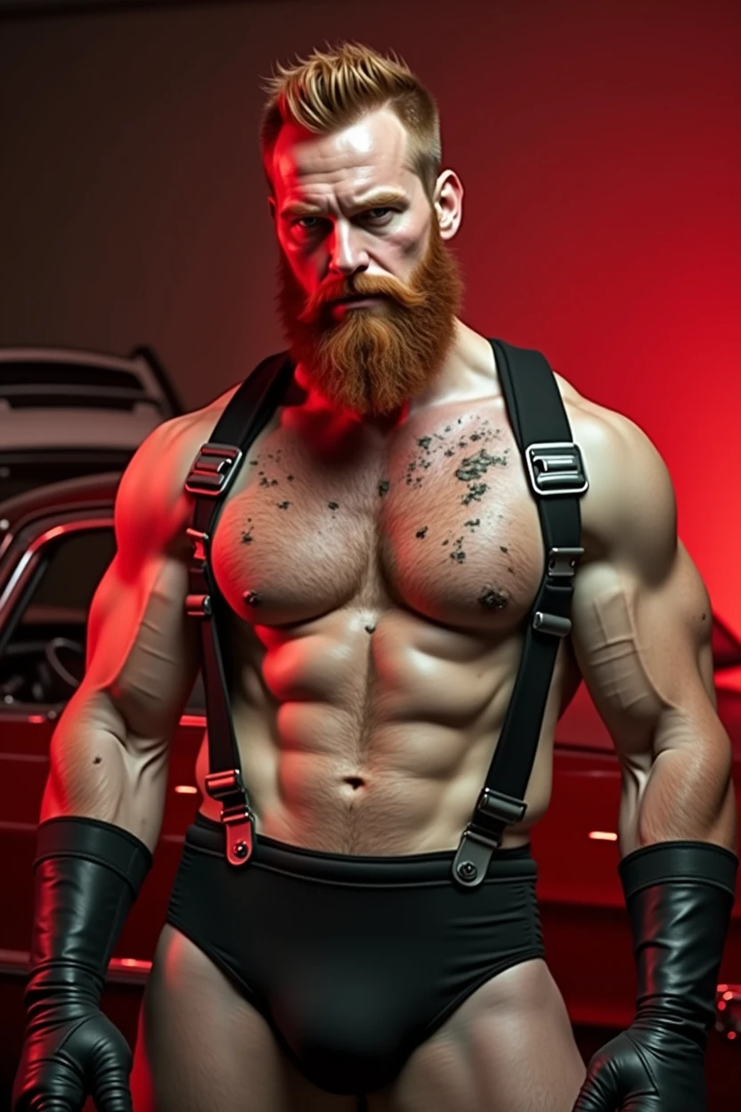 white man with red hair and beard, shirtless with his chest showing, he is dirty with grease, he is in an auto repair shop with old cars in the background