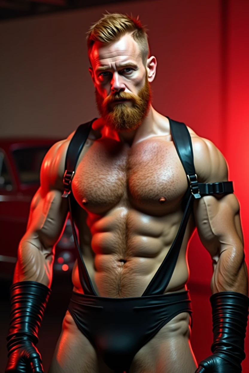 white man with red hair and beard, shirtless with his chest showing, he is dirty with grease, he is in an auto repair shop with old cars in the background