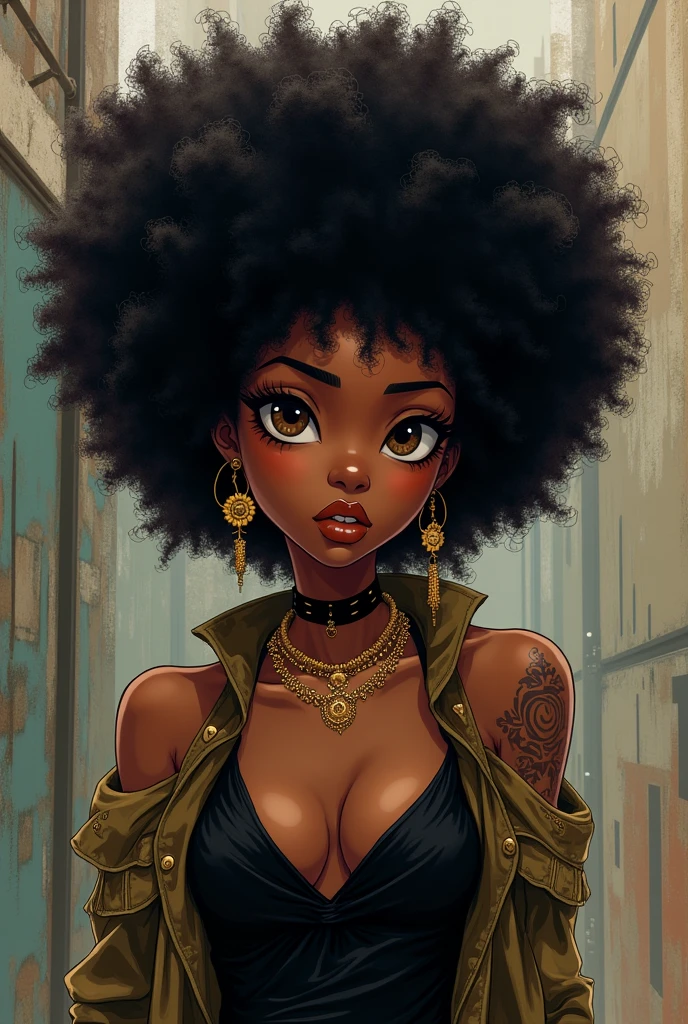 Black Anime girl with Black hair made in a elegant afro, with a grungy style type of clothes.