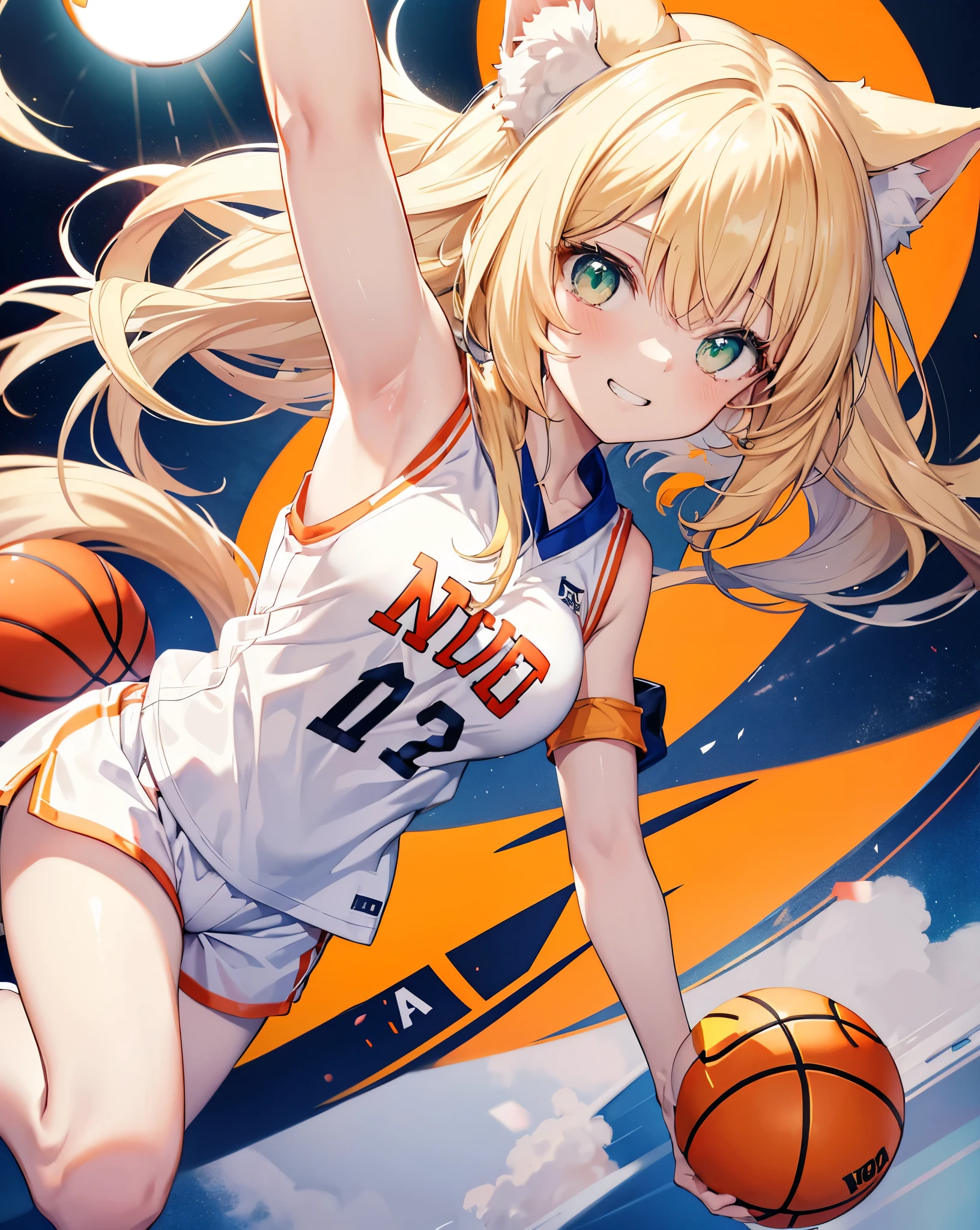 White background. 1nekogirl, White cat ears,blonde fox tail, basketball clothes, oversize orange basketball t-shirt, white basketball shorts, bare shoulder. Long blonde hair, cool anime Green eyes. she is doing a slam dunk. She is Mid-air, shot from the above. She is smiling, cute grin. Ball. She hold the Basketball. He has a captain's armband on his arm. She is the player number 10. Indoor
