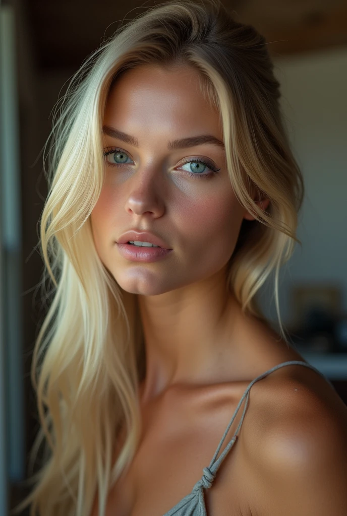 (masterpiece, best quality, high resolution:1.2), (seductive pose:1.2), casual photography, cinematic lighting, shot on Fujifilm X-T4, 56mm, f/1.2, hard shadows, RAW photo, bokeh, photon mapping, ray tracing, desaturated, sharp focus on subject, intense light blonde hairintense light blonde, straight hair, blue eyes, delicate face, pale skin, young, detailed face, detailed eyes, detailed skin, (cowboy shot), yom_ngalexis, solo, lips, realistic, small breasts, topless, from behind, (1girl, 19 years old)