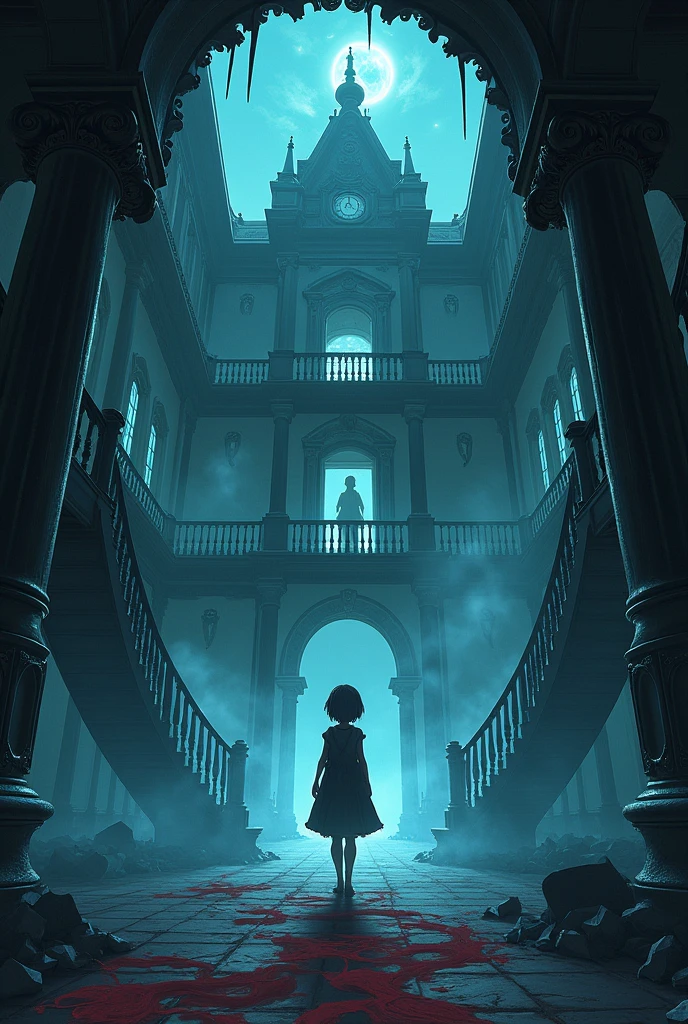 A person alone in a haunted mansion With a very scary background, 
With ghosts AND the style of the anime-like image