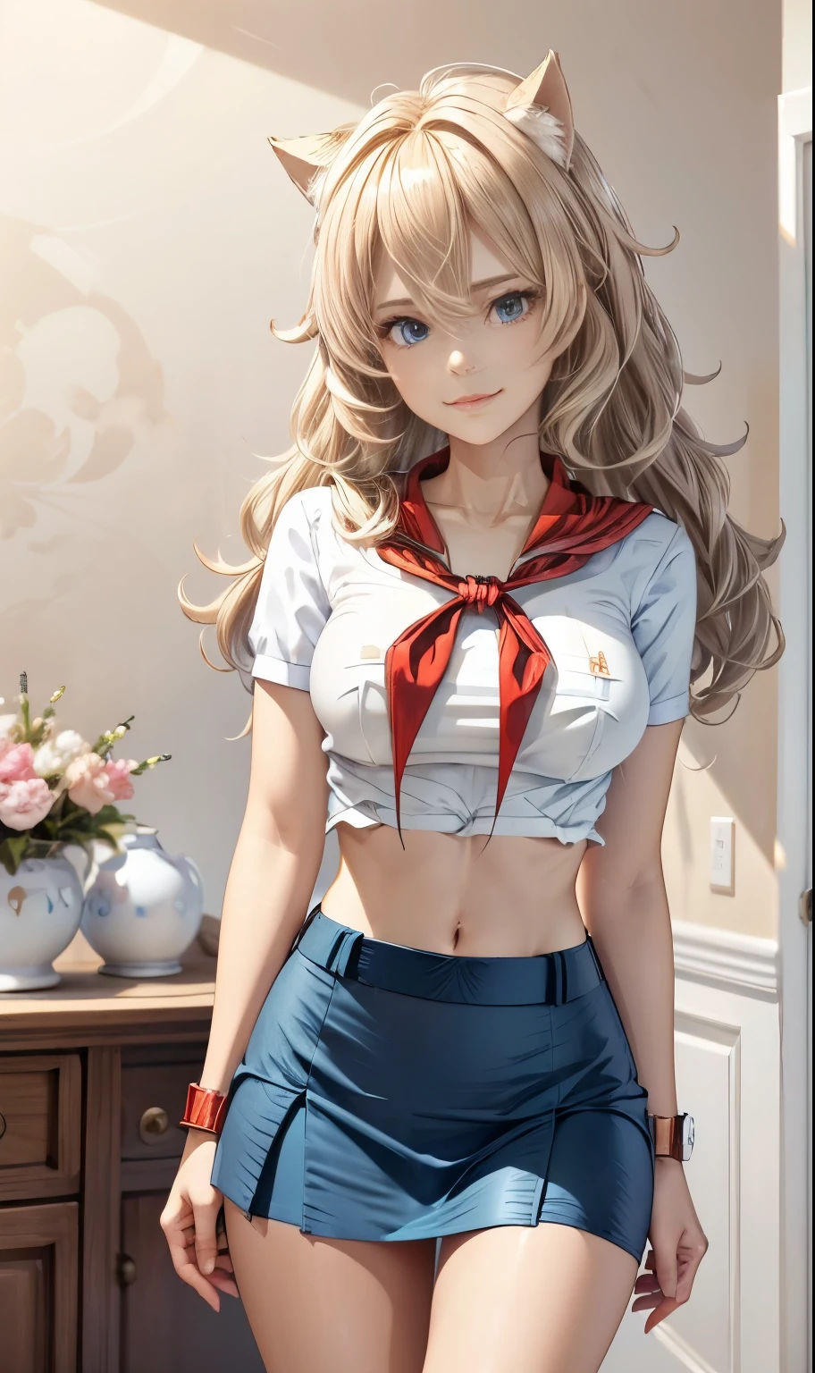 very young slim fit girl, full height, rounded face, (long curly disheveled blond hair:1.4), big blue eyes, shy smile, perfect medium breast, band on head with fake cat ears, monroe, pioneer neckerchief, short tight blue pleated skirt, bangs, tight white shirt, short sleeves, collared shirt, belt, (red neckerchief:1.3), breast pocket, solo, shy smile, Standing at attention, dynamic pose, clear light skin, 8k wallpaper, perfect lighting, masterpiece