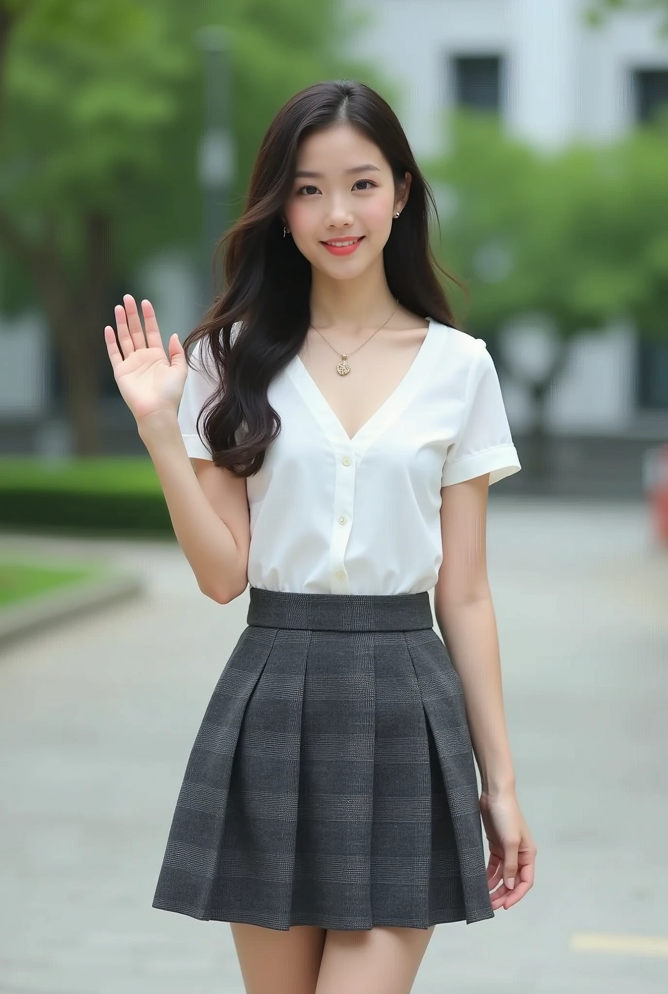 A full-body image of an adult-like high school girl taken from about 75 degrees to the side。Small face and fair skin。Beautiful from head to toe。A white short-sleeved blouse with an open chest、She wears a dark grey ombre check uniform with a 15cm miniskirt that reaches above the knee.。A gold necklace is visible on her chest.。The background is the campus。A beautiful woman with beautiful legs and beautiful skin is looking at the camera and waving。The waist line is beautiful。Highest quality。