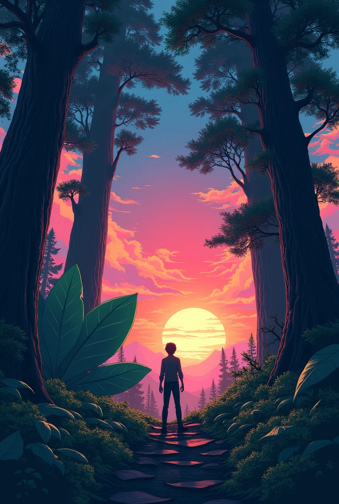((vapor wave style, partially colored)), (((vanilla))), cinematic angle, retro anime, 90s anime, 80s anime, retro anime,retro anime style,masterpiece, of the highest quality, a forest with a giant leaf Pokémon, Big trees, a man with his back turned, strong shadows, Sunset,anime art wallpaper 4k, anime art wallpaper 4k, avert your eyes, look down, retro anime
