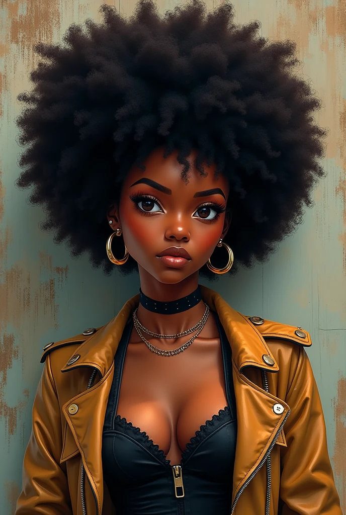 Black Anime girl with Black hair made in a elegant afro, with a grungy style type of clothes.
