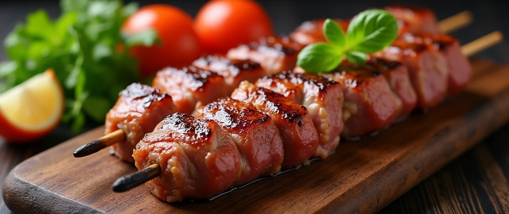 Brochette de viande bien roti delicieucement ajuster sur un tige en fer