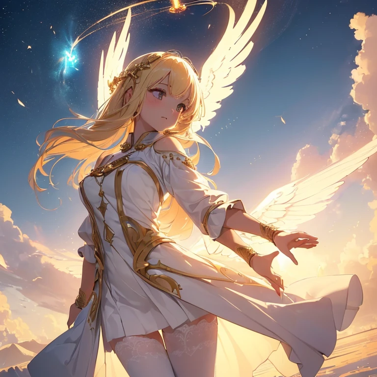 ((((She floated in the air, releasing divine energy from her body The atmosphere is so bright))))
1 girl, medieval character
She have angel wings, Heavenly Warrior Outfit , Gold and White, very beautiful,high balance natural light, lace pantyhose, Star decoration