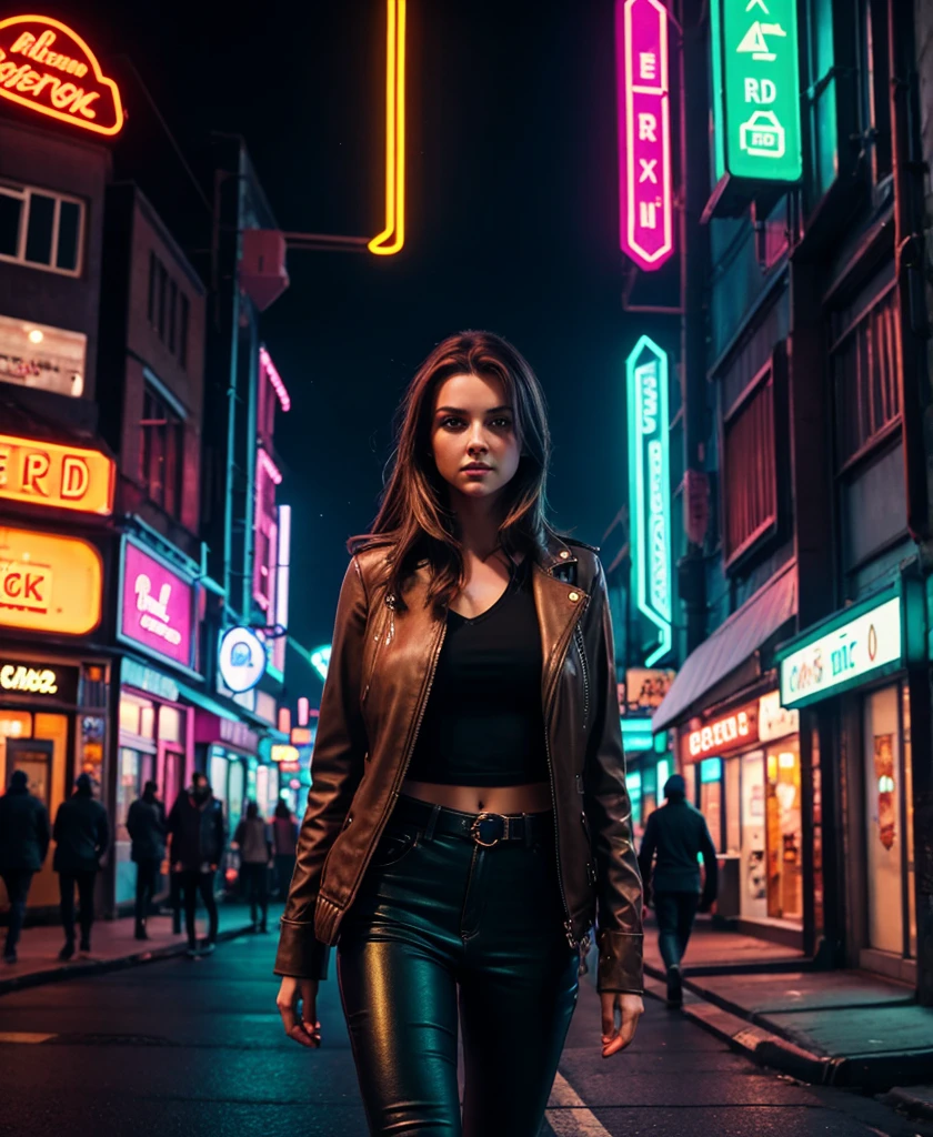 Woman with tied brown hair, greeneyes, walking down a street in a cyberpunk city, robberies, Neon lights, natta
