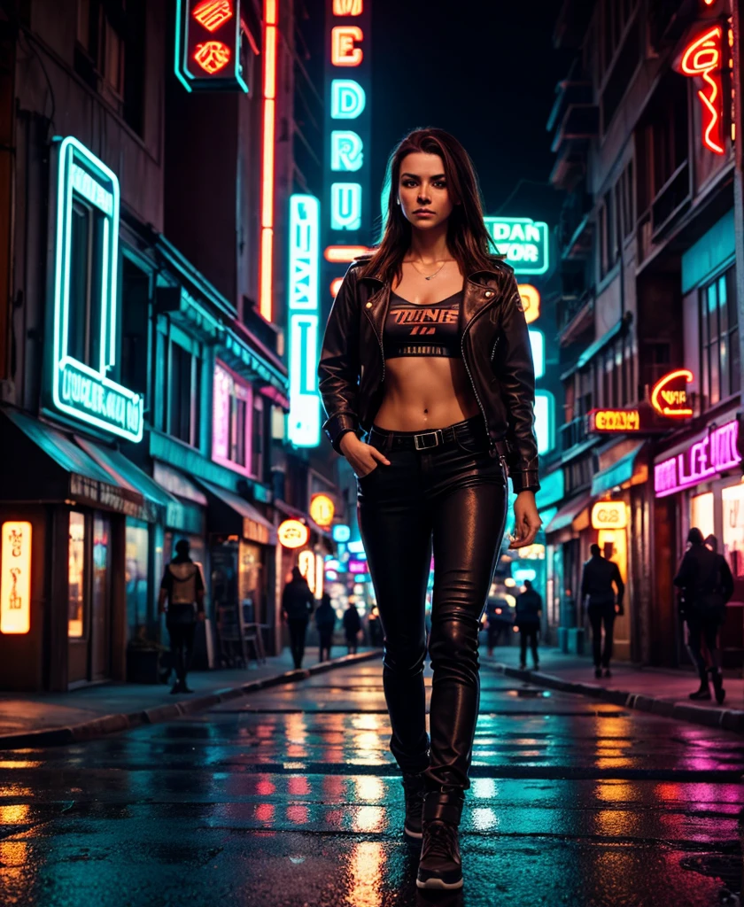 Woman with tied brown hair, greeneyes, walking down a street in a cyberpunk city, robberies, Neon lights, natta