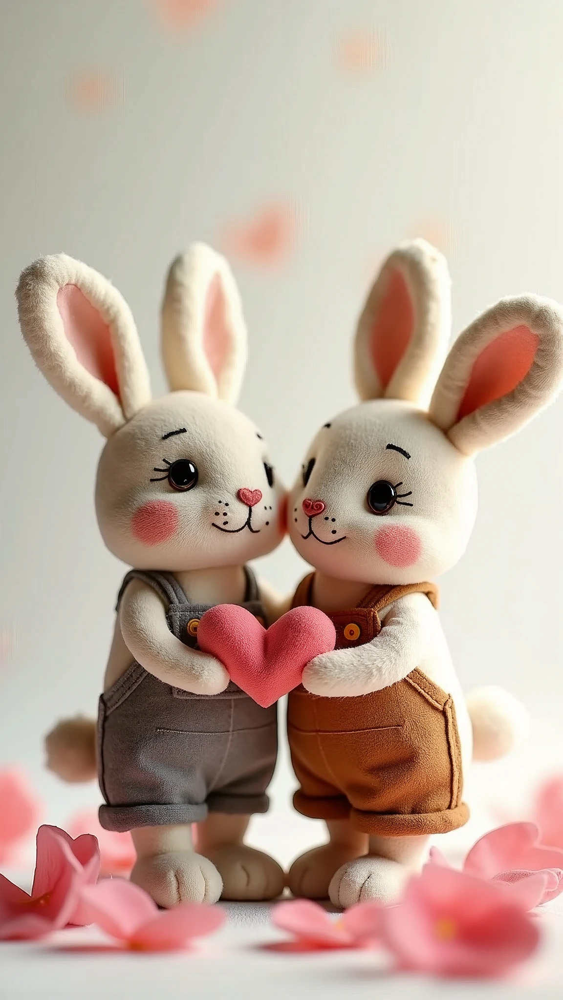 Cute couple bunny plush doll with long ears, wearing a cute gray apron and brown overalls, holding rose petals in its hand, with a Valentine's Day theme. White background, full body shot, fabric texture, embroidered details, plush material, warm tones, natural light, smile. In the style of .