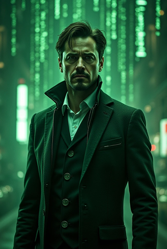Create a surreal image combining the faces of Tony Stark (Robert Downey Jr.), Henry Cavill, Elon Musk, Ana de Armas, and Andrew Tate into one person, set in a Matrix-style digital world. Include elements like green code rain, a dark city skyline, and neon lighting. The character should look powerful and mysterious, with the atmosphere of a virtual reality or simulation."