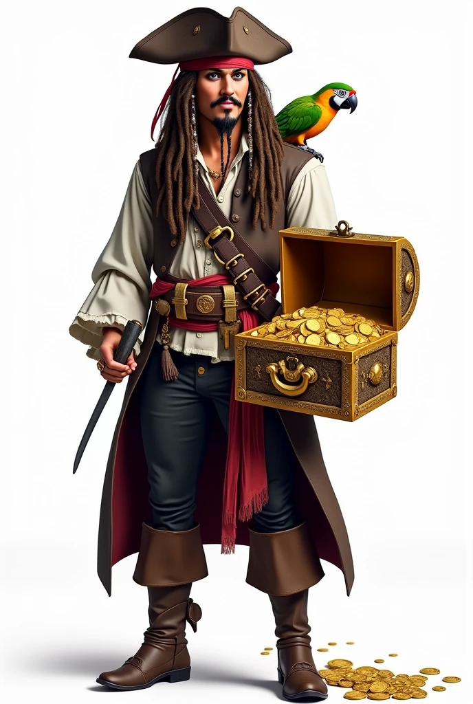 CREATE FOR ME an image of the character Jack Sparrow holding the chest of Aztec gold, MAKE THE CHEST OPEN, SHOWING THE COINS AND JEWELRY INSIDE make the image with a white background Also add the parrot on Jack Sparrow&#39;s shoulder. Image Description:
charachter: Jack Sparrow

Roupa: Jack Sparrow is wearing his traditional pirate costume, including a white ruffled shirt, a brown vest, dark pants and boots. He is also wearing a tricorn hat, a red bandana, and has his iconic pirate belt with various tools and a sword.
stance: He is standing, with a triumphant expression and a slight smile on his face, holding Aztec gold chest with one hand.
parrot: No ombro direito de Jack Sparrow, is the parrot, with colorful feathers and a curious expression. The parrot is one of the details that adds a classic touch to the character..
Aztec Gold Chest:

Appearance: The chest is decorated with intricate gold details and Aztec symbols. It is partially open.
Content: Inside the chest, a dazzling shine of gold coins is visible, collars, rings and other precious items. Some of the jewels are partially visible outside the chest., scattered a little around to highlight the richness that is within.
fund:

Farbe: pure white, to highlight the character and chest without distractions.
Additional Detail:
Lighting: Lighting can be soft, to accentuate the shine of the coins and jewels in the chest.
eyeshadows: Slight shadows can be added to give a sense of depth and realism to the image.
